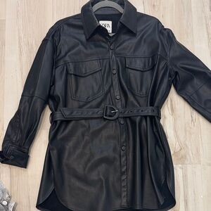 Zara Black Belted Faux Leather Shirt Dress